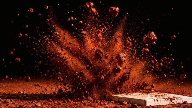 Powerful baseball player sliding into home plate kicking up a massive cloud of red dirt particles