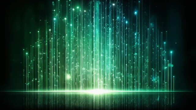 Digital abstract composition with vertical lines of light emerging from a reflective surface