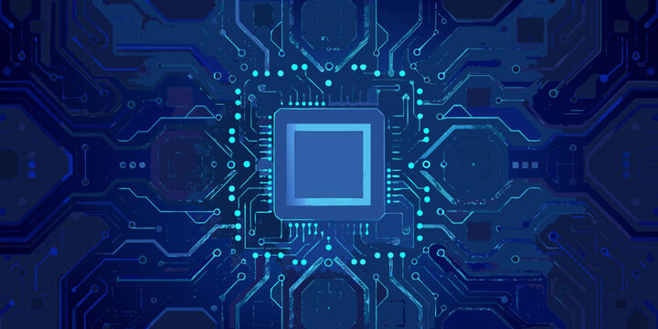 Circuit board pattern with central microchip digital illustration