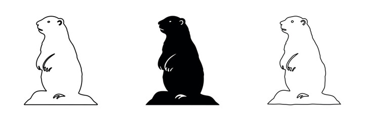 Groundhog standing upright in profile, shown in outline and solid silhouette styles © Ophelia