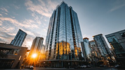 Obraz premium Modern glass building reflecting sunset with city skyline in background showcasing urban architecture and vibrant colors in evening light