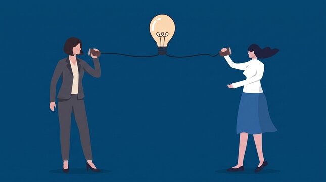 Two Businesswomen Communicating with Tin Can Telephone Connected Through Lightbulb

