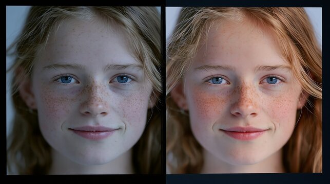 Young girl's face displayed in a split image, showing a natural, untouched appearance on the left and a digitally.