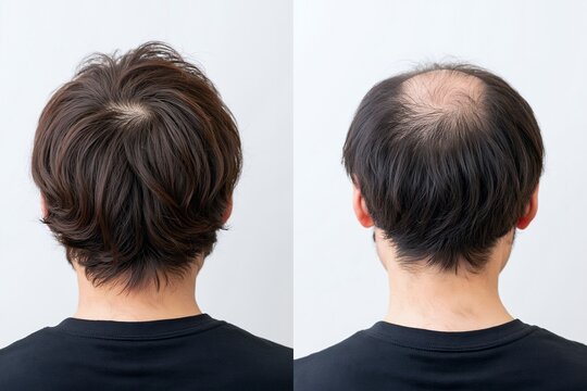 男性の薄毛と豊かな髪を比較する頭頂部AGAの悩み