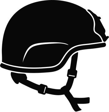 Tactical Military Helmet Silhouette Vector Icon - Modern Combat Ballistic Headwear Graphic with Chinstrap and NVG Shroud Mount Details, Army Gear Stencil Art Design Isolated on White Background