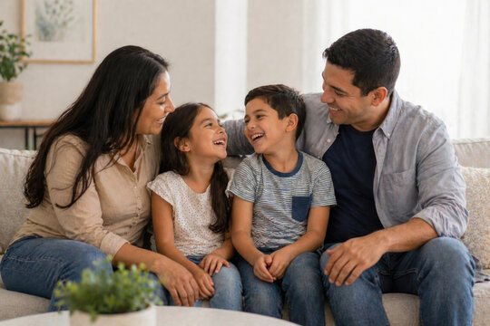 Happy South American Family Laughing Together at Home, Hispanic Parents with Two Children, Living Room, Love