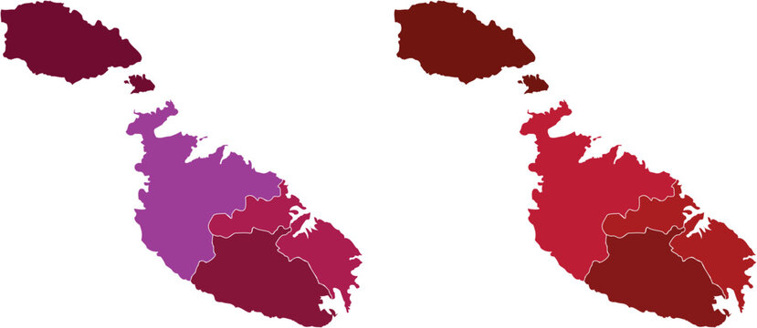 Purple and red Malta country map silhouette illustration with regional borders and divisions