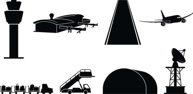 Airport Infrastructure Silhouette Vector Set with Airplane Runway Tower and Equipment