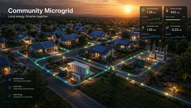 Innovative community microgrid project in residential area utilizes solar energy and battery storage for local power needs during evening hours