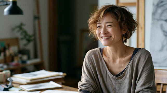 Korean woman relearning to draw in her forties, seated at a messy creative desk with obvious beginner work around her, laughing at something she has just made, the joy of process