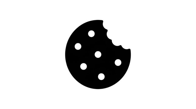 Solid black vector silhouette icon of a circular chocolate chip cookie with a bite taken out.