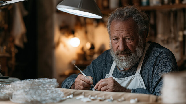 Roma jewelry craftsman uses a fine engraving tool under a magnifying lamp in a narrow workshop, surrounded by silver wire coils and unfinished pendants, representing intangible