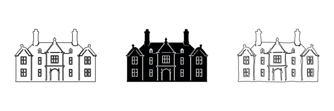 Collection of architectural house icons in outline, solid, and hand-drawn styles