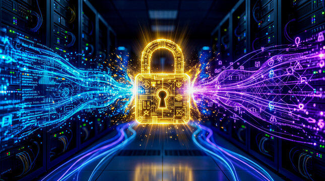 Quantum encryption lock protecting digital data with futuristic cyber security concept