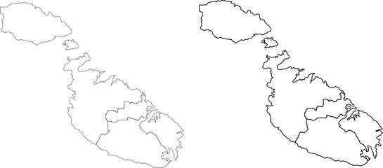 Fototapeta premium Malta country map outline illustration with regional borders in black and white line art