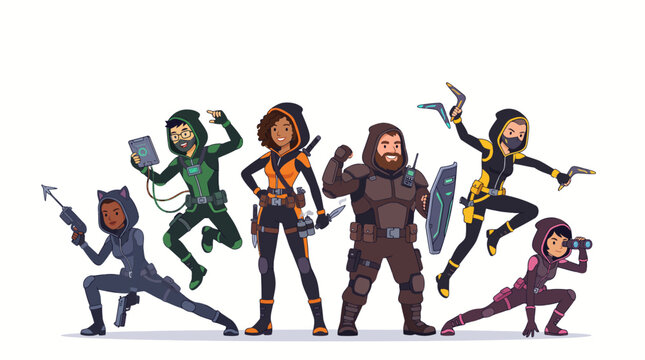 Diverse team of modern tactical stealth agents in various poses