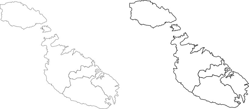 Malta country map outline illustration with regional borders in black and white line art