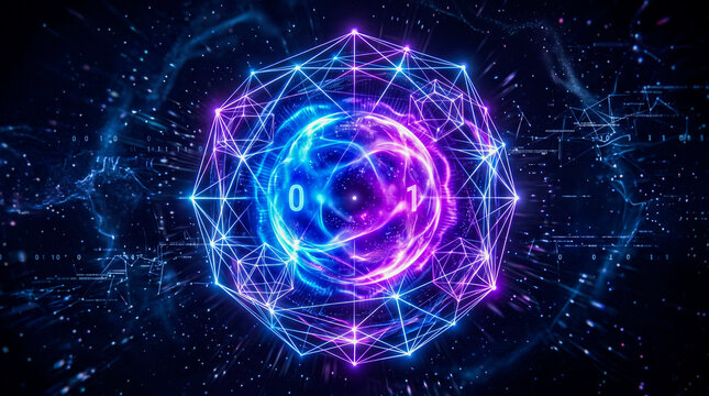 Quantum qubit in superposition with glowing energy and futuristic computing concept