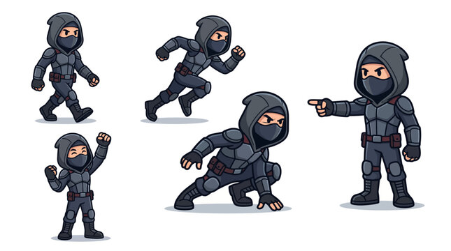 Modern ninja character sprite sheet in multiple action poses