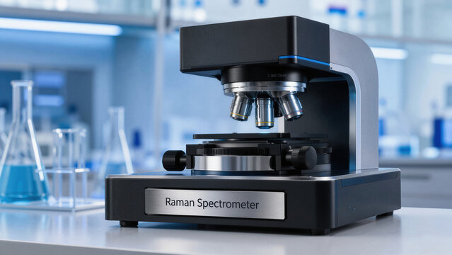 Raman spectrometer sits on lab table among glassware with blue liquid inside