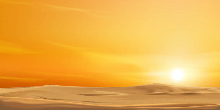 Sunset Sky on Golden Desert Landscape, Rolling Sand Dunes, Golden Hour Glowing Sunrise under Yellow, Orange Sky.Minimal nature background, Serene wilderness, Warm sunlight, Panoramic sandy terrain