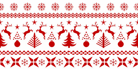 Red christmas pattern with reindeer snowflakes and geometric shapes © Topoti