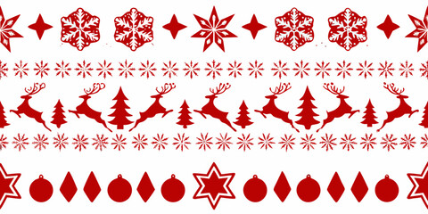 Red reindeer snowflake and christmas tree seamless vector pattern on white © Topoti