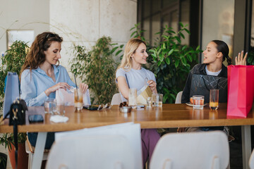 Fototapeta premium Three young women sit at a cafe table with shopping bags and drinks, talking and smiling. Friends share a relaxed moment after shopping while enjoying beverages indoors.