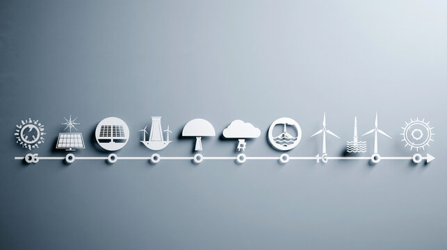 Linear horizontal timeline tracking evolution of renewable energy technology from nineteen-seventies solar experimentation through current offshore wind deployment with icon