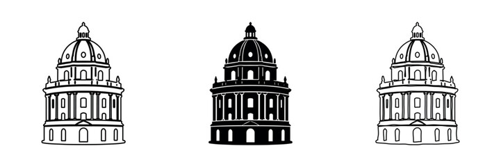 Collection of three architectural building icons with domes and columns in outline, solid, and hand-drawn styles © Ophelia