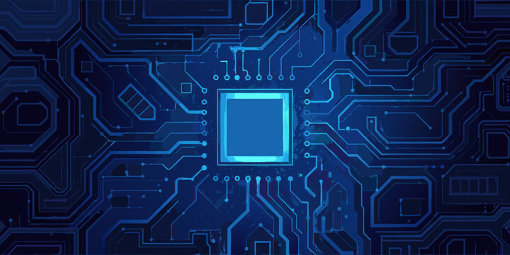 Circuit board pattern with central microchip blue vector illustration