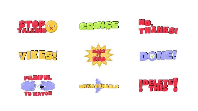 Colorful cringe internet reaction 2D animation set. Expressive phrases for chats, streams and comments. Shock, humor and disapproval. Gen z slang words animated overlay pack. Cartoon motion graphics