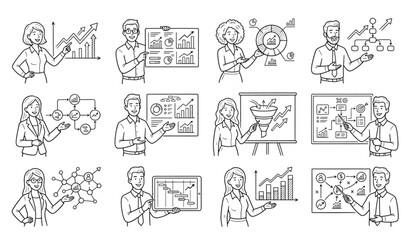 Obraz premium Hand Drawn Businessman Presentation Doodle Set with Growth Charts Pie Graphs and Financial Strategy Vector Illustration