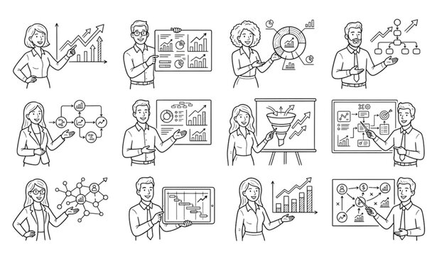 Hand Drawn Businessman Presentation Doodle Set with Growth Charts Pie Graphs and Financial Strategy Vector Illustration