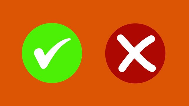 Animated pop-up green check mark and red cross X symbol on a transparent background. A checkmark in and out motion graphics animation. Video footage of yes or no, true or false with alpha channel