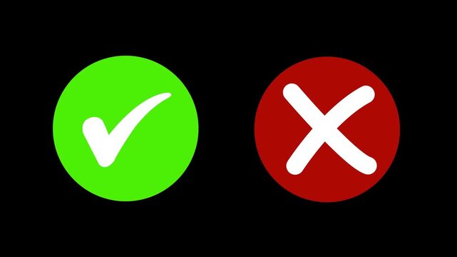 Animated pop-up green check mark and red cross X symbol on a transparent background. A checkmark in and out motion graphics animation. Video footage of yes or no, true or false with alpha channel