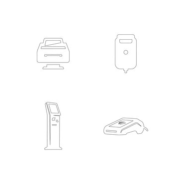 Payment technology thin line icons with terminal card reader and information kiosk set.