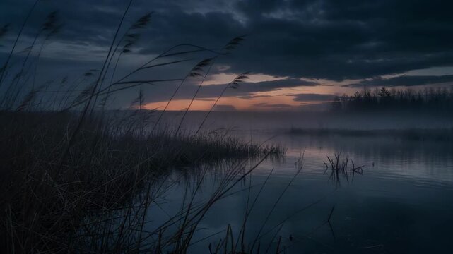 Calm lakeside scene with reeds at dusk and misty water reflections