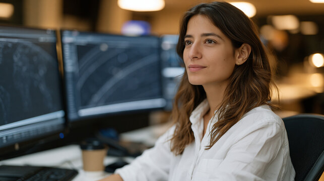 Lebanese telecommunications specialist monitors satellite signal routing dashboard across three curved screens, orbital path visualizations glowing, interplanetary network latency