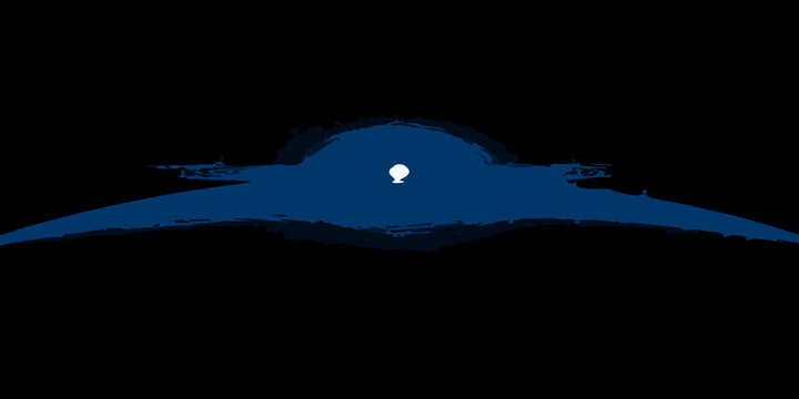 Blue crescent shape with central light source silhouette against black