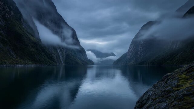Misty fjord with towering cliffs and calm water under a cloudy sky