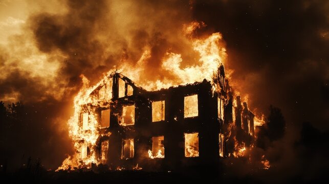A building engulfed in flames during a fire. Smoke billows around the structure, creating a dramatic scene of destruction and chaos.