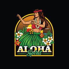 Detailed vintage vector illustration of a traditional Hawaiian hula dancer girl with grass skirt and flower lei garland inside an Aloha Spirit badge © harrisaputra