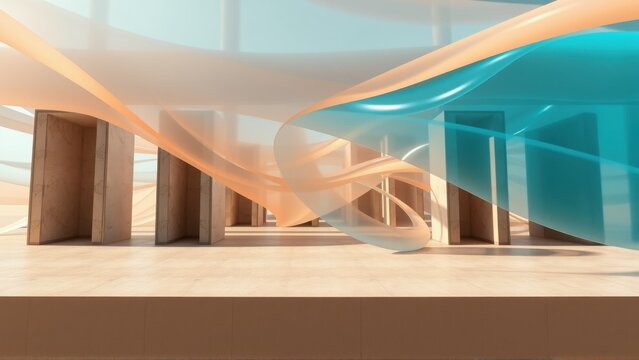 Abstract architectural rendering. Columns support flowing ribbons, creating dynamic space. Minimalist design, warm tones dominate.