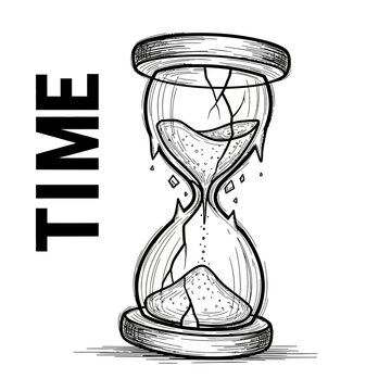 Illustration of a fractured hourglass, symbolizing the relentless and irreversible passage of time, the fragility of moments, and the urgency of life's finite journey