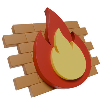 Firewall security concept icon with 3d flame and brick wall for cyber protection and network defense