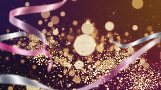 Magical golden bokeh background with glittering particles and ribbon
