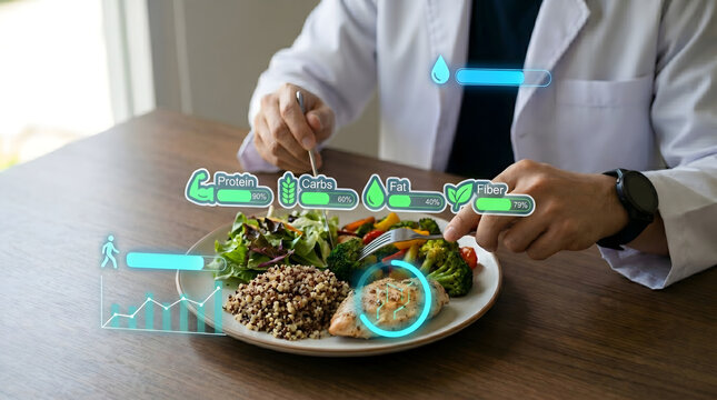 Nutrition expert analyzing meal composition with holographic macronutrient and dietary tracking system