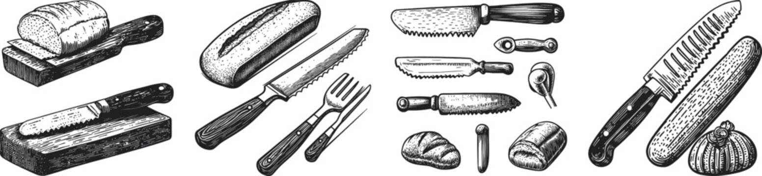 bread. knife. loaf. cutting. kitchen. food. culinary. tools. vintage. cook