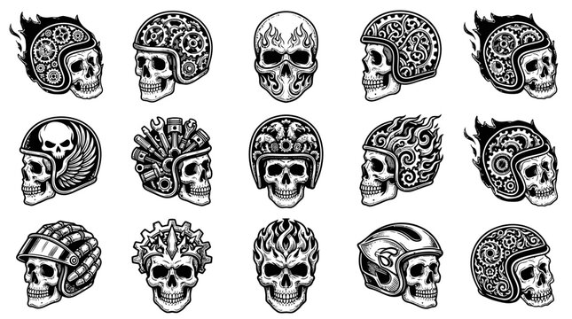Skulls with helmets and gears.